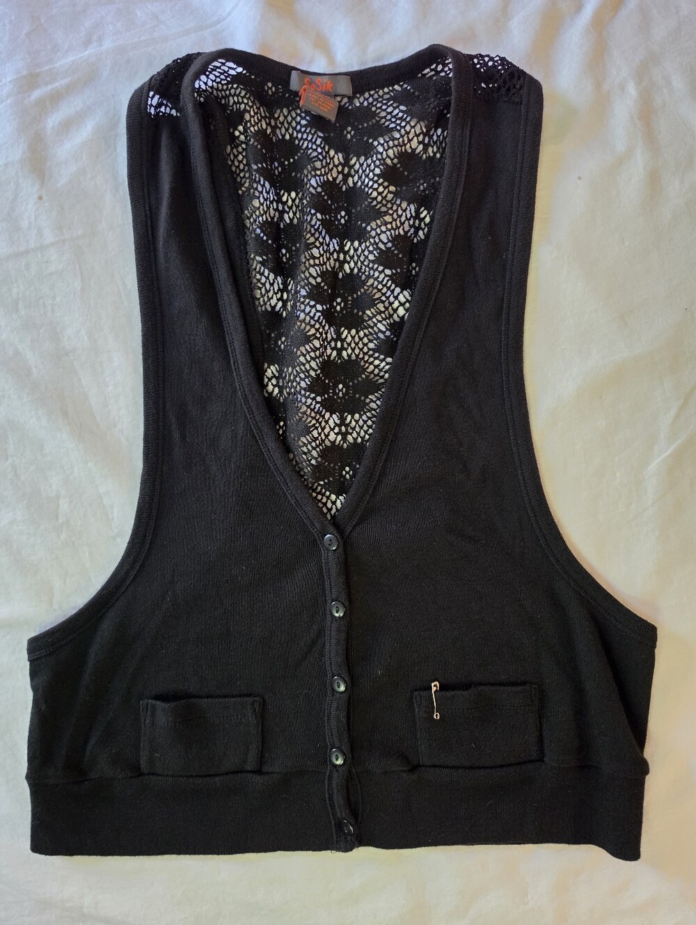 Vintage SoSik Black Knit Cropped Vest Open Lace Back Safety Pin Detail Size M